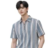Men’s Loose Fit Half Sleeve Vertical Striped Polo T-Shirt with Zip Collar thumbnail 1