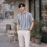 Men’s Loose Fit Half Sleeve Vertical Striped Polo T-Shirt with Zip Collar thumbnail 4