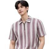 Men’s Loose Fit Half Sleeve Vertical Striped Polo T-Shirt with Zip Collar | Premium Polyester Fabric