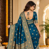 Premium Teal Blue Banarasi Saree with Golden Zari Work thumbnail 2