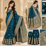 Premium Teal Blue Banarasi Saree with Golden Zari Work thumbnail 4