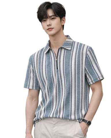 Men’s Loose Fit Half Sleeve Vertical Striped Polo T-Shirt with Zip Collar