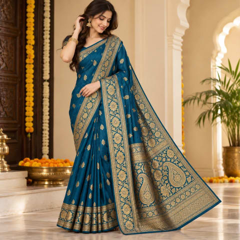 Premium Teal Blue Banarasi Saree with Golden Zari Work