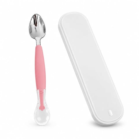 Baby Double Side Head 2 in 1 Silicone Food Spoon, Stainless Steel Fruit Scraper for Baby & Toddler, Fruit Scraping & Feeding Spoons with Travel Case