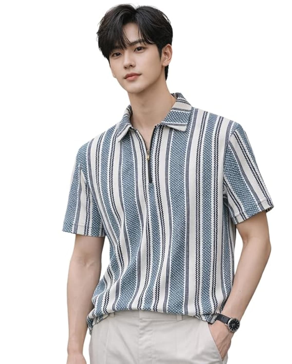 Men’s Loose Fit Half Sleeve Vertical Striped Polo T-Shirt with Zip Collar