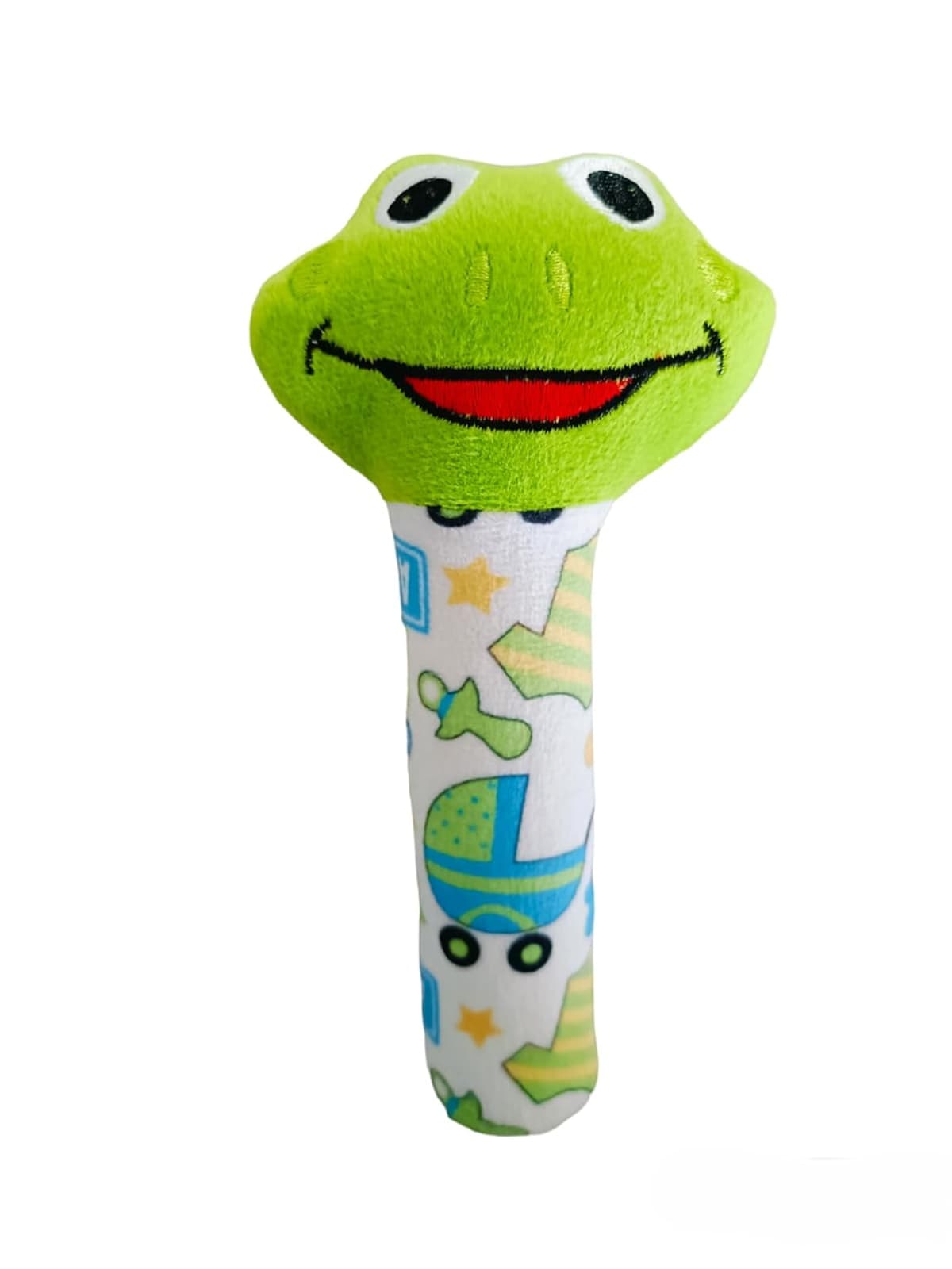 Froggy Face Rattle/Teether Soft Toy with Squeeze Handle for Squeaky Sound (Green)
