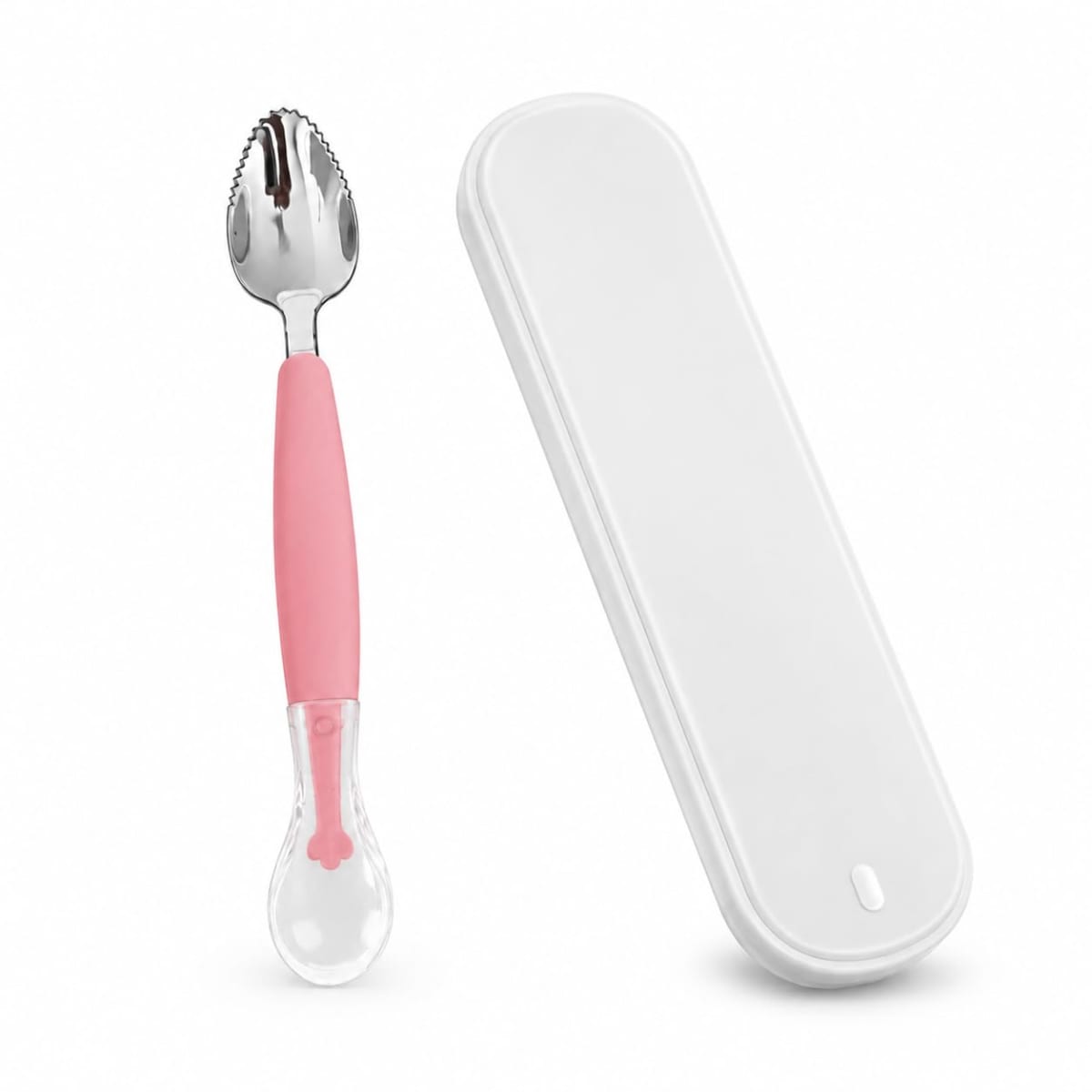 Baby Double Side Head 2 in 1 Silicone Food Spoon, Stainless Steel Fruit Scraper for Baby & Toddler, Fruit Scraping & Feeding Spoons with Travel Case
