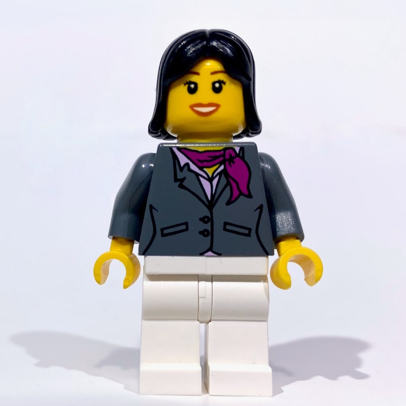 Woman, Dark Bluish Gray Jacket with Magenta Scarf, White Legs, Black Hair