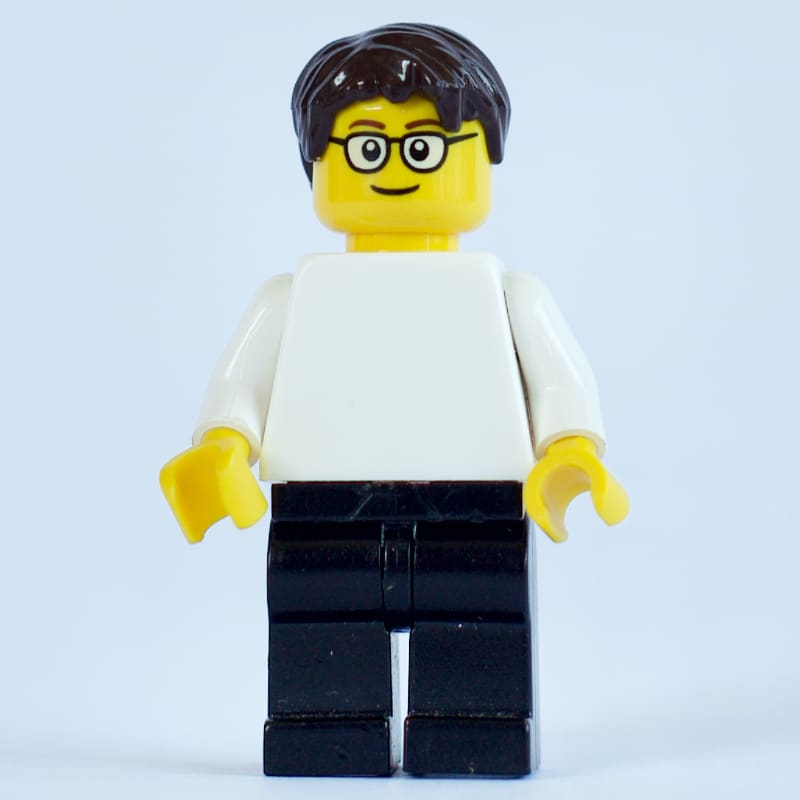White Torso, Black Legs, Dark Brown Hair, Glasses