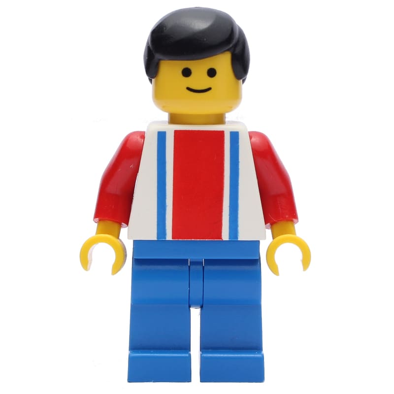 Soccer Player White Torso with Blue/Red Stripes, Blue Legs, Black Hair