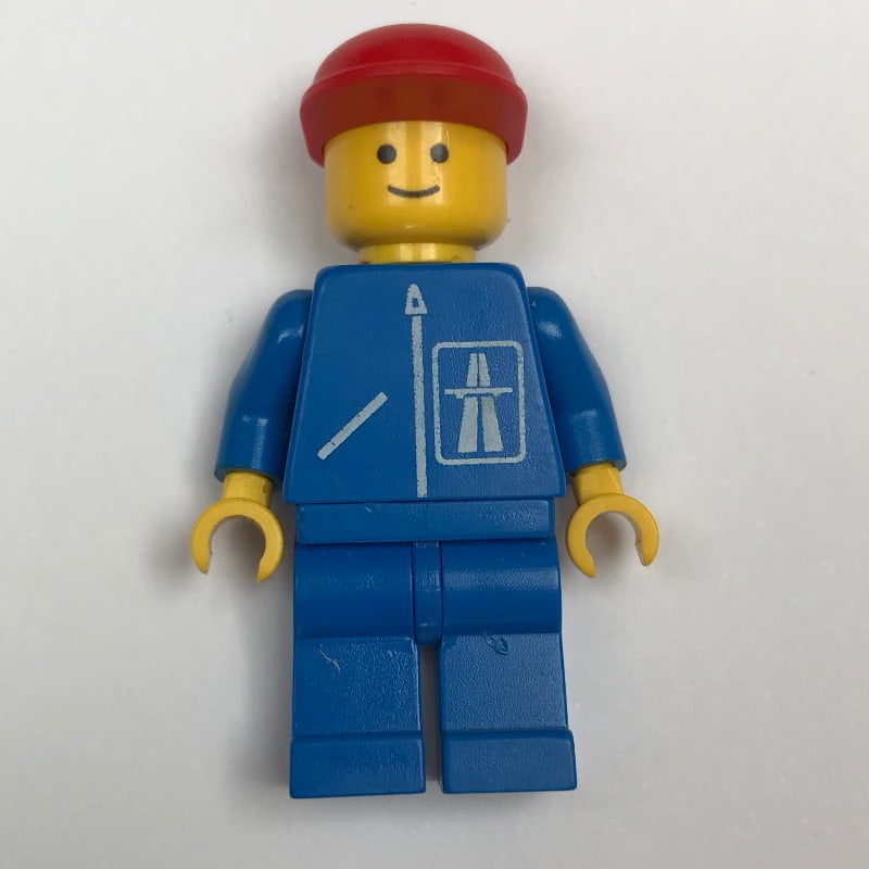 Man, Blue Jacket with Highway Logo, Blue Legs, Red Cap