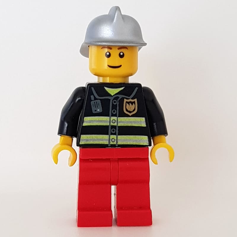 Fireman, Black Fire Jacket with Reflective Stripes, Radio, and Badge, Red Legs, Silver Helmet