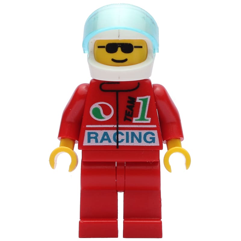 Racer, Red Jacket with Octan Logo and 'RACING', Red Legs, White Helmet with Trans-Light Blue Visor, Sunglasses