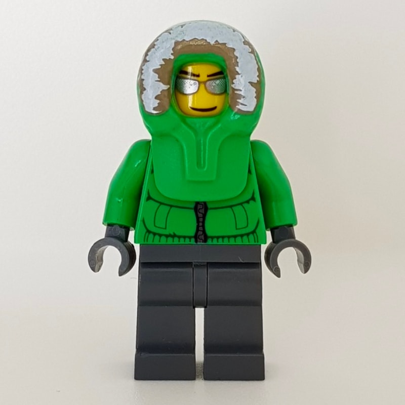 Man, Green Jacket, Dark Bluish Gray Legs, Hood, Silver Sunglasses