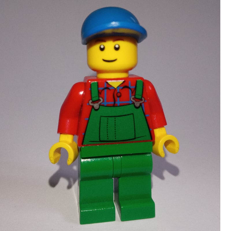 Man, Green Overalls over Red Shirt, Blue Cap