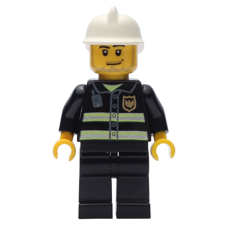Fireman with Reflective Stripes and Radio, White Fire Helmet, and Beard Stubble