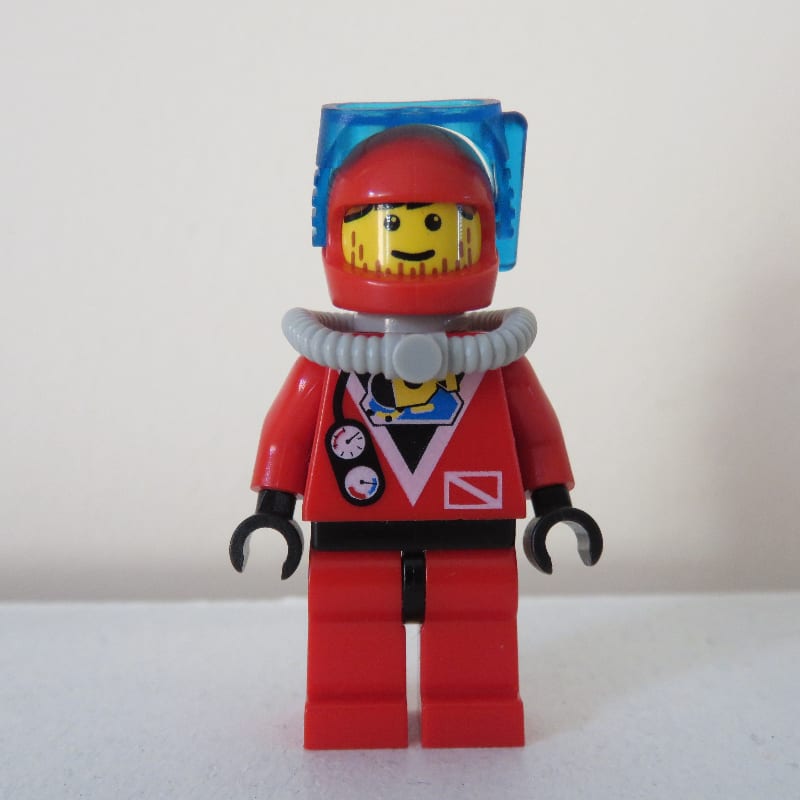 Diver, Man, Red Wetsuit, Red Helmet with Mask, Airtank, Stubble