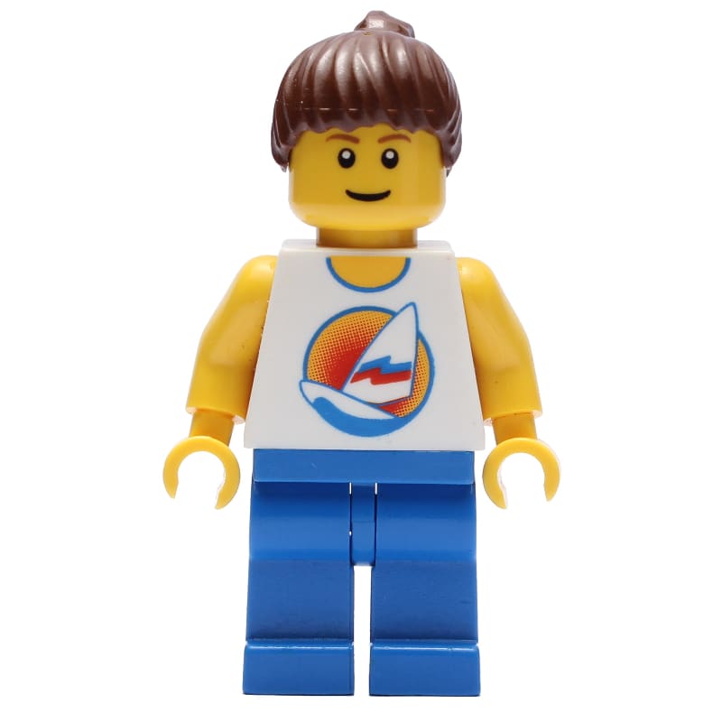 Lifeguard, White Tank Top with Windsurfer, Blue Legs, Ponytail