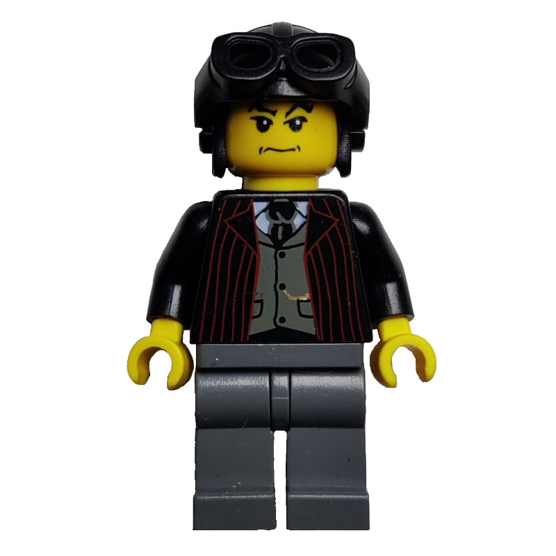 Pilot, Open Black Jacket over Dark Gray Vest and Tie, Black Hat with Goggles