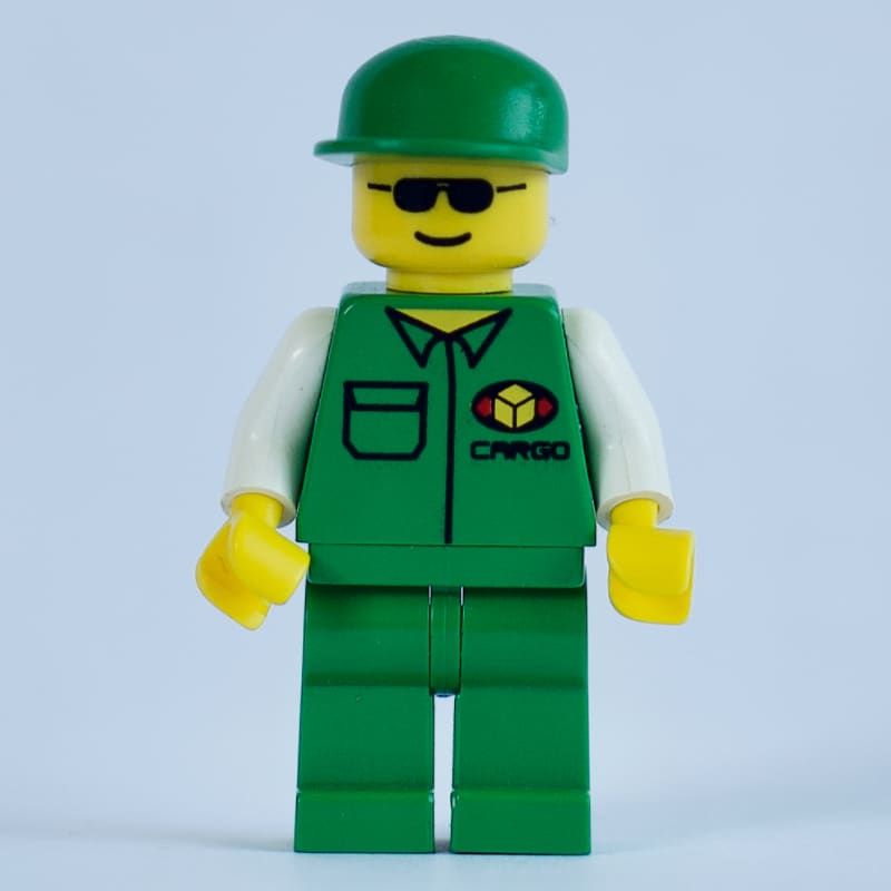 Cargo Worker, Green Jacket with Pocket, Green Cap, Sunglasses
