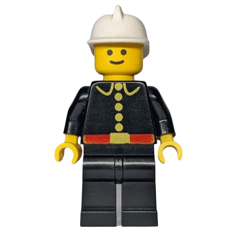 Fireman, Classic, Black Fire Jacket with Red Belt and Buttons, White Helmet (3626b Head)
