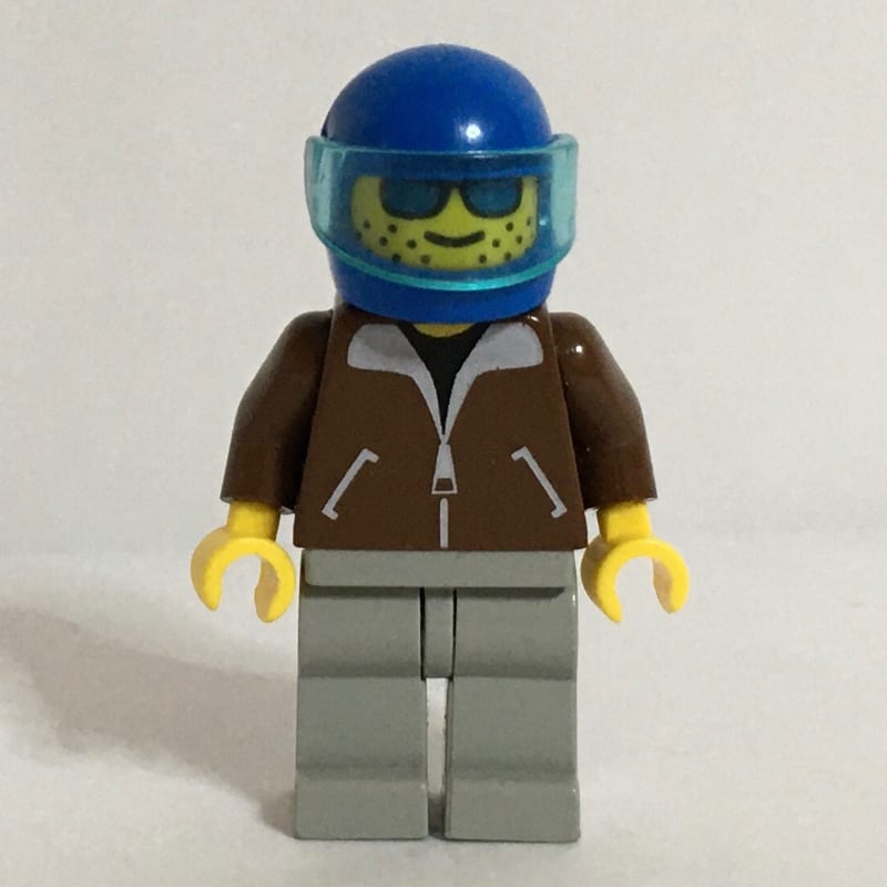 Man, Brown Jacket, Light Gray Legs, Blue Helmet with Visor, Blue Visor