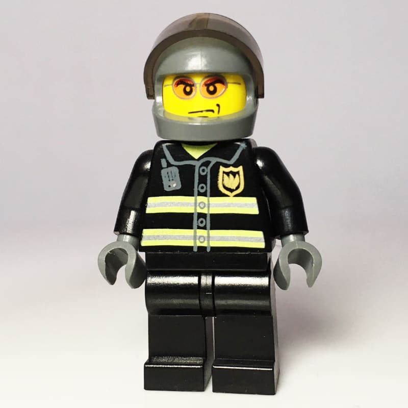 Fireman, Black Fire Jacket with Reflective Stripes, Radio, and Badge, Dark Bluish Gray Helmet with Visor, Orange Sunglasses