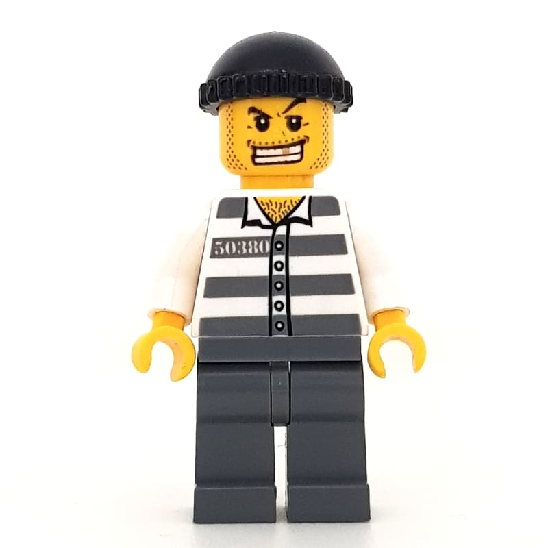 Criminal, Prison Shirt with #50380, Dark Bluish Gray Legs, Black Hat, Gold Tooth