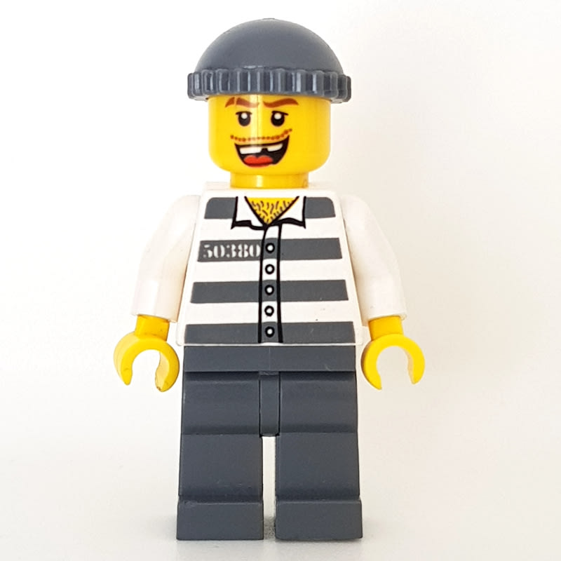 Criminal, Prison Shirt with #50380, Dark Bluish Gray Legs, Dark Bluish Gray Hat, Missing Tooth