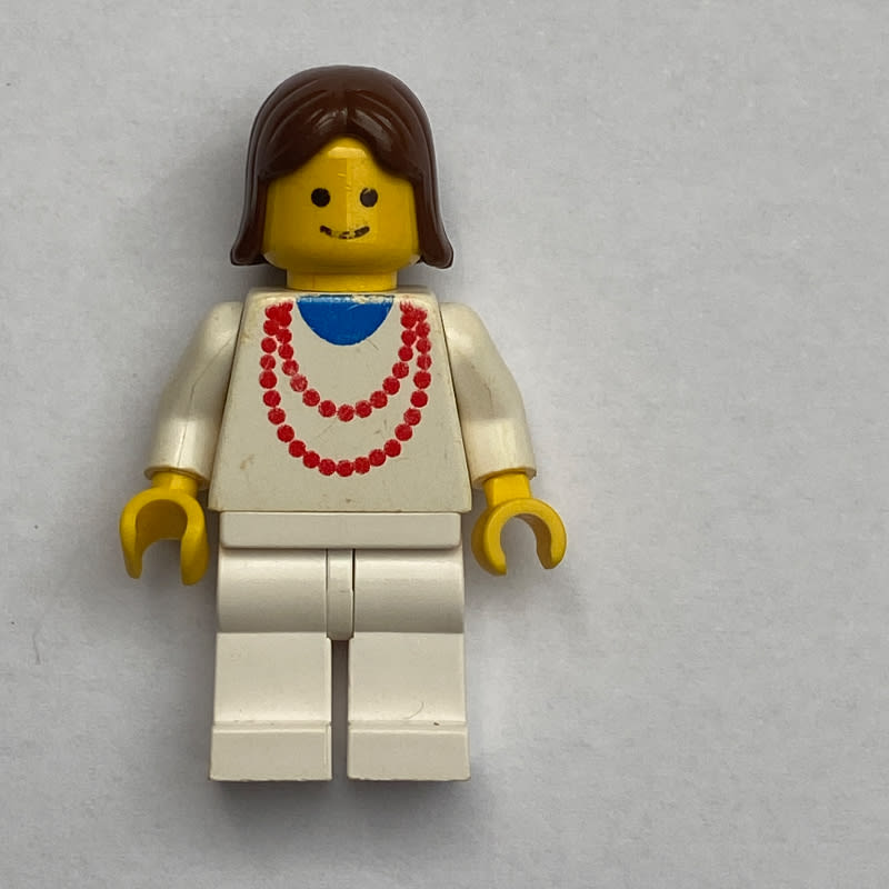 Woman, White Top with Red Necklace, White Legs, Brown Hair