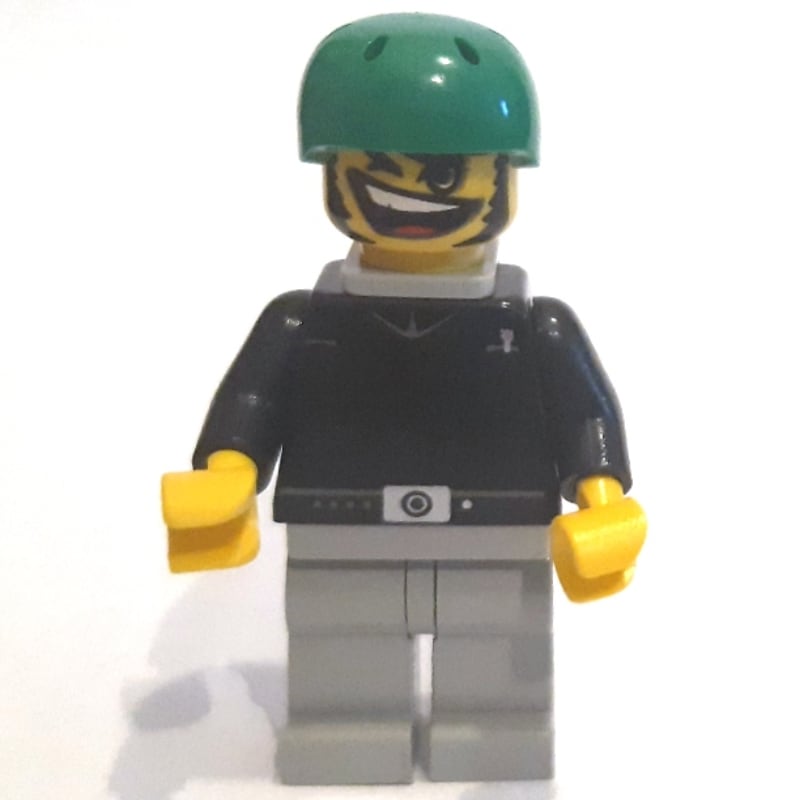 Skateboarder Bill, Black, Green Helmet, Neck Bracket