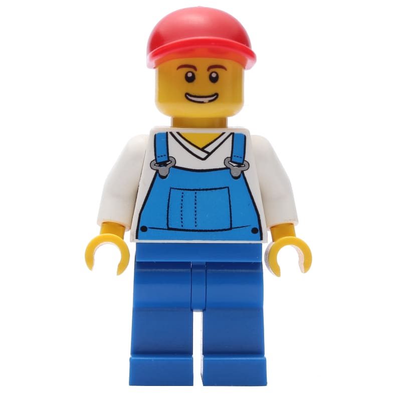 Man, Blue Overalls over White V-Neck Shirt, Red Cap, Open Mouth