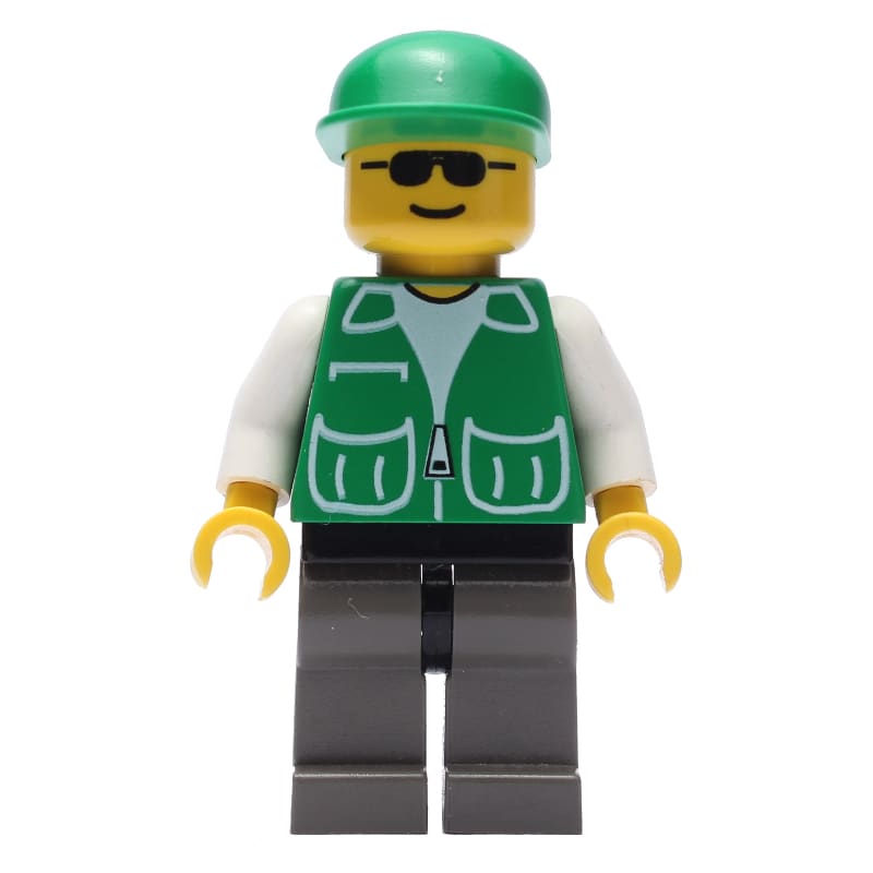 Construction Worker, Green Jacket with Pockets, Green Cap, Sunglasses