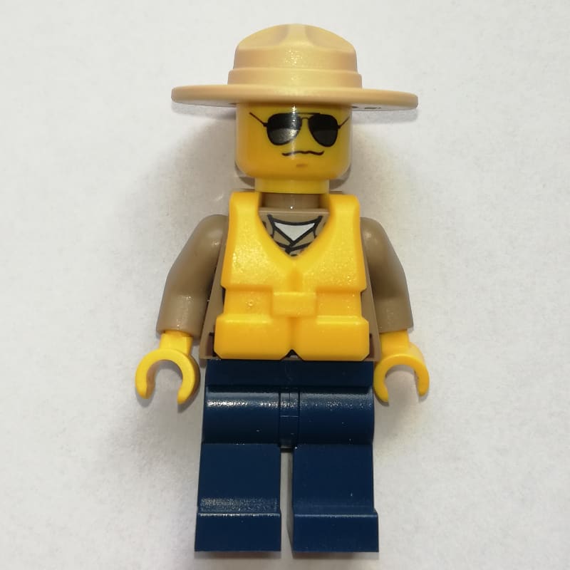 Forest Police / Ranger, Dark Tan Shirt with Radio and Badge, Dark Blue Legs, Tan Campaign Hat, Yellow Life Vest, Sunglasses
