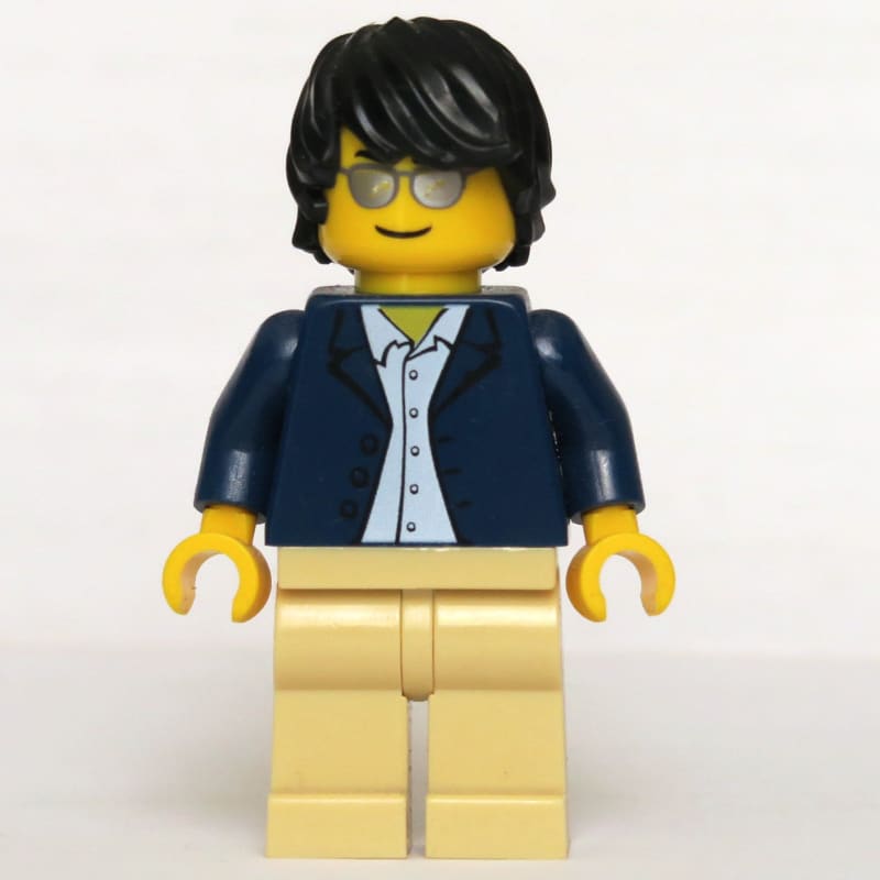 Man, Open Dark Blue Jacket, Tan Legs, Black Hair, Silver Sunglasses
