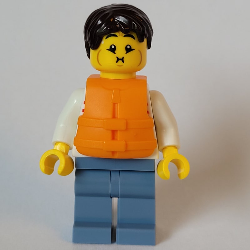 Man, White and Red Striped Shirt, Sand Blue Legs, Orange Life Vest, Dark Brown Hair
