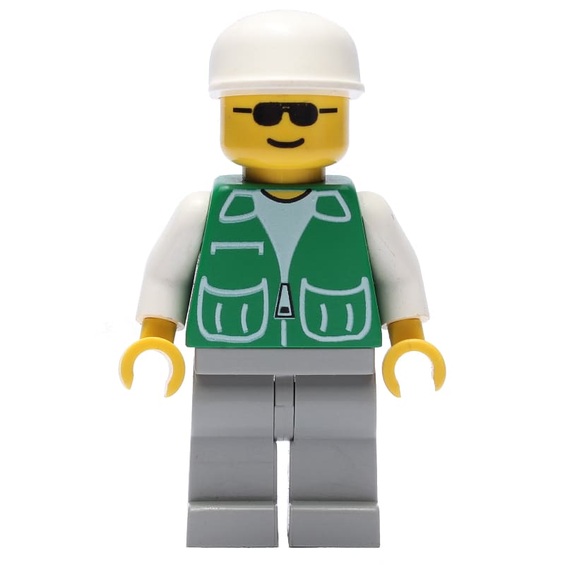 Man, Green Jacket, Light Gray Legs, White Cap, Sunglasses
