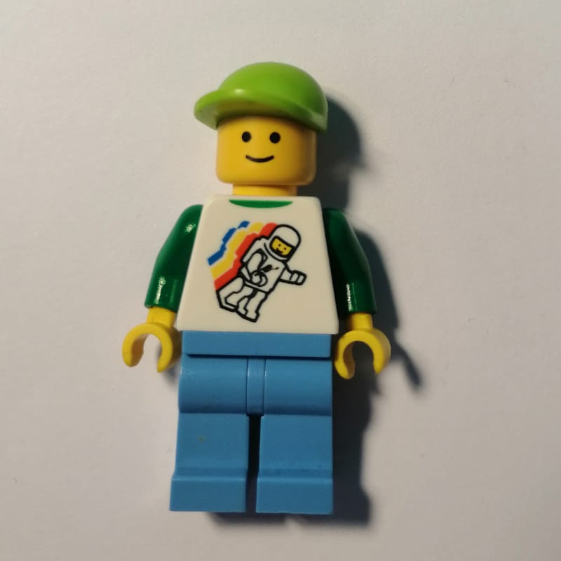 Man, Floating Classic Spaceman on Shirt, Medium Azure Legs, Lime Cap