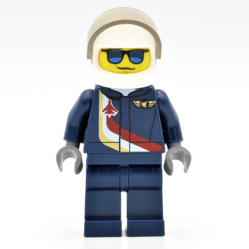 Pilot, Dark Blue Jumpsuit with Plane and Wings Badge, White Helmet with Visor, Blue Sunglasses