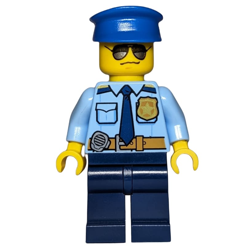 Policeman, Bright Light Blue Shirt with Dark Blue Tie, Badge, and Radio on Belt, Dark Blue Legs, Blue Hat, Sunglasses