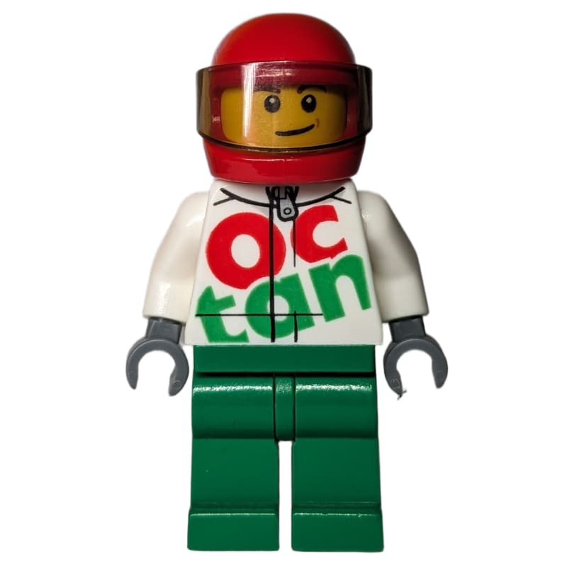 Racer Ray, White and Green Jumpsuit with Large 'Octan', Red Helmet with Visor