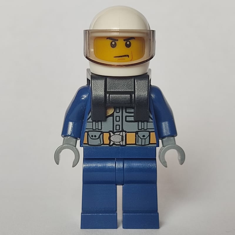 Policeman, Dark Bluish Gray Vest with Radio and Badge over Dark Blue Shirt, White Helmet with Visor, Neck Bracket