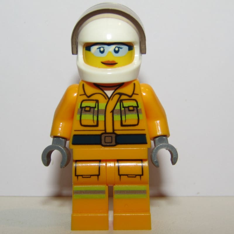 Firewoman, Bright Light Orange Fire Suit, White Helmet with Visor, Light Blue Sunglasses