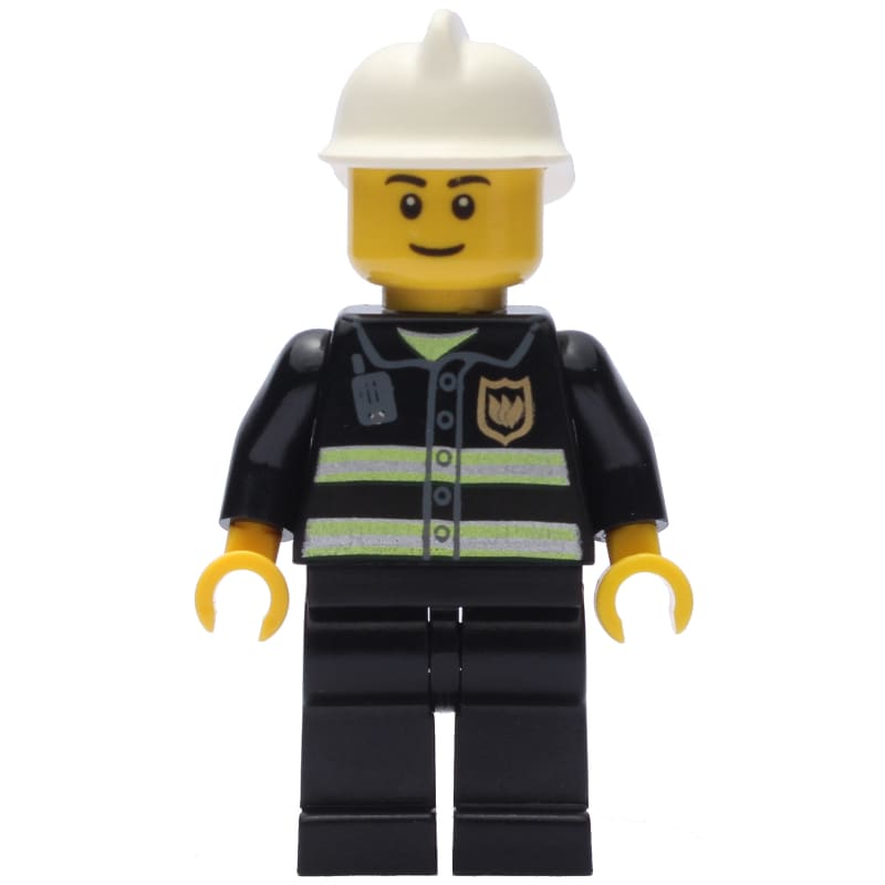 Fireman, Black Fire Jacket with Reflective Stripes, Radio, and Badge, White Helmet
