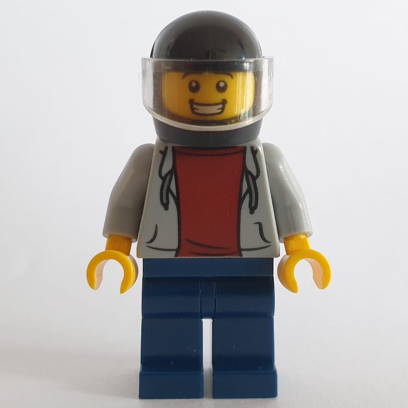 Man, Light Bluish Gray Hoodie over Dark Red Shirt, Dark Blue Legs, Black Helmet with Visor