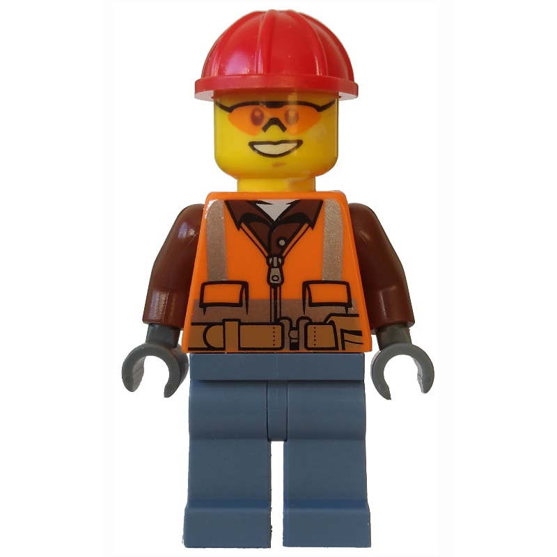 Lumberjack, Orange Safety Vest with Zipper over Reddish Brown Shirt, Sand Blue Legs, Red Hard Hat, Orange Safety Glasses