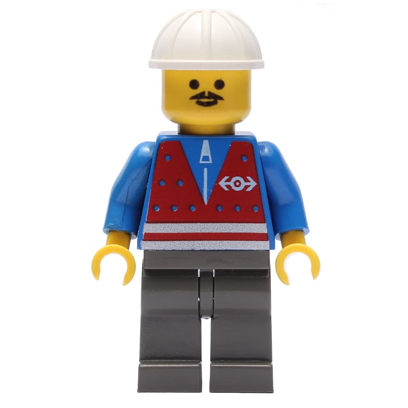 Train Worker - Red Vest, Dark Gray Legs, White Helmet, Moustache
