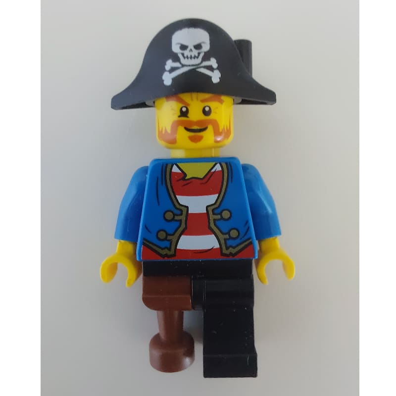 Pirate with Blue Jacket over Red and White Striped Shirt, Peg Leg, and Pirate Hat with Skull