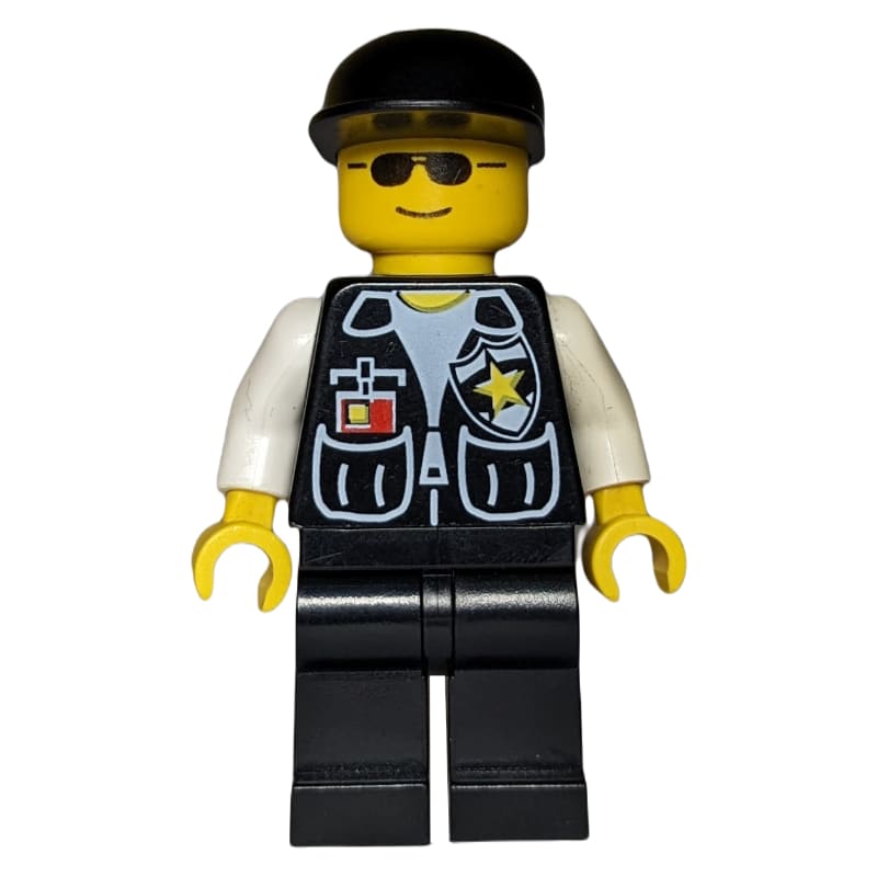 Policeman, Black Vest with Badge and Pockets, Black Cap, Sunglasses