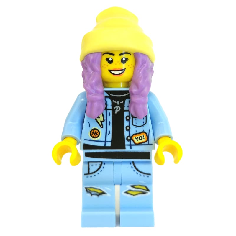Parker L. Jackson, Bright Light Blue Denim Jacket, Bright Light Yellow Beanie Hat, Medium Lavender Hair